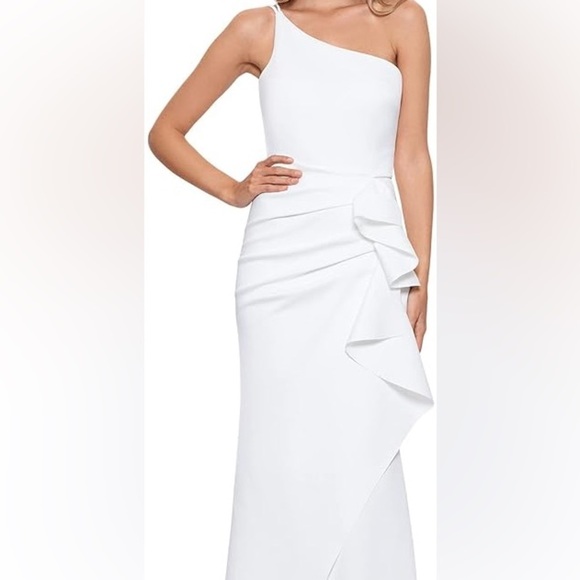 Xscape Long One‎ Shoulder Scuba Ruffle Dress Made In USA White Size 12 - Picture 5 of 7